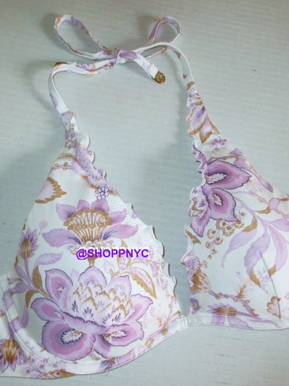 34DDD Victorias Secret Swim Ruffle Halter Bikini Top White Violet Floral $50 - Picture 2 of 10